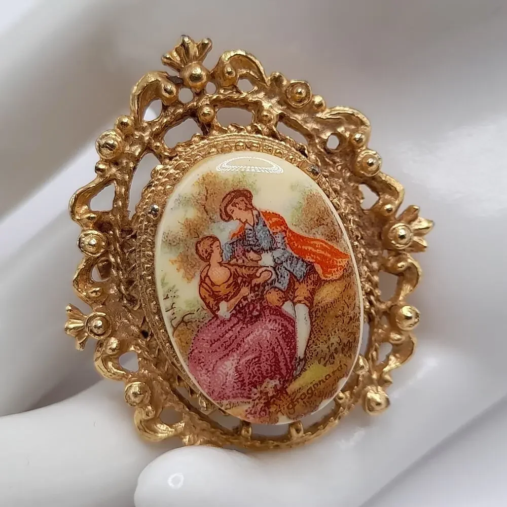 Vintage Courting Couple Porcelain Enamel Pin Brooch, 1960s, Signed